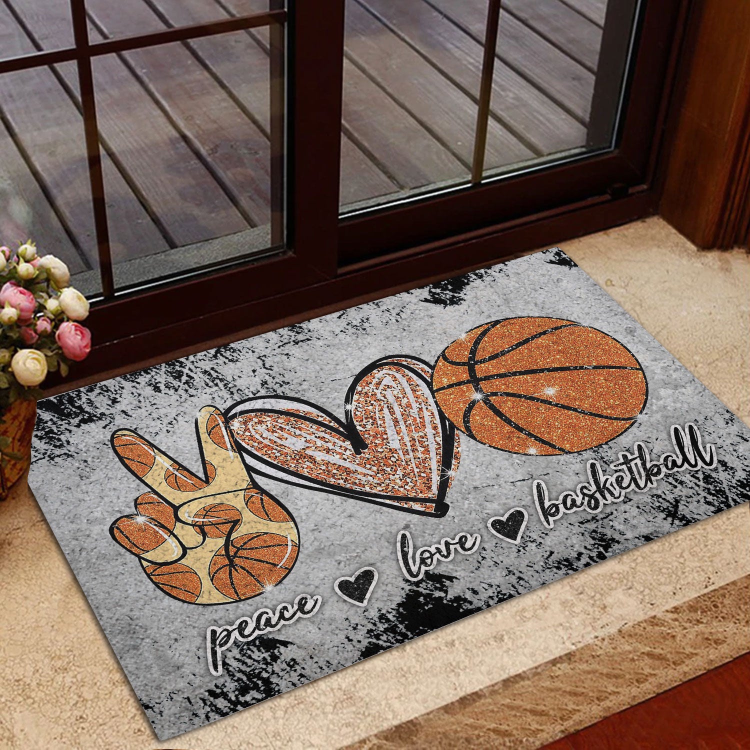Basketball Rubber Doormat, Peace Love Basketball Unique Gift For Sport Lover Grey Welcome Doormat, Indoor Outdoor Door Mat, Home Decor