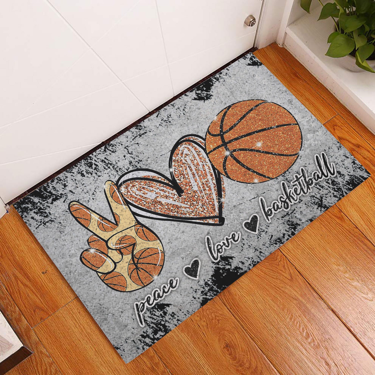 Basketball Rubber Doormat, Peace Love Basketball Unique Gift For Sport Lover Grey Welcome Doormat, Indoor Outdoor Door Mat, Home Decor