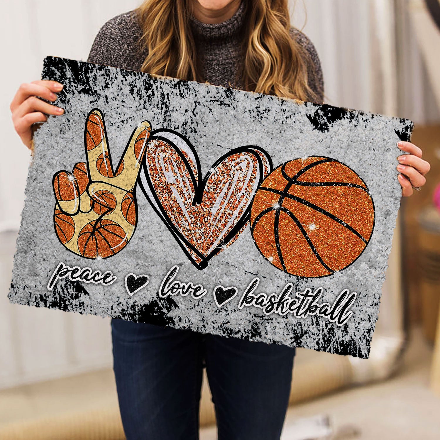 Basketball Rubber Doormat, Peace Love Basketball Unique Gift For Sport Lover Grey Welcome Doormat, Indoor Outdoor Door Mat, Home Decor