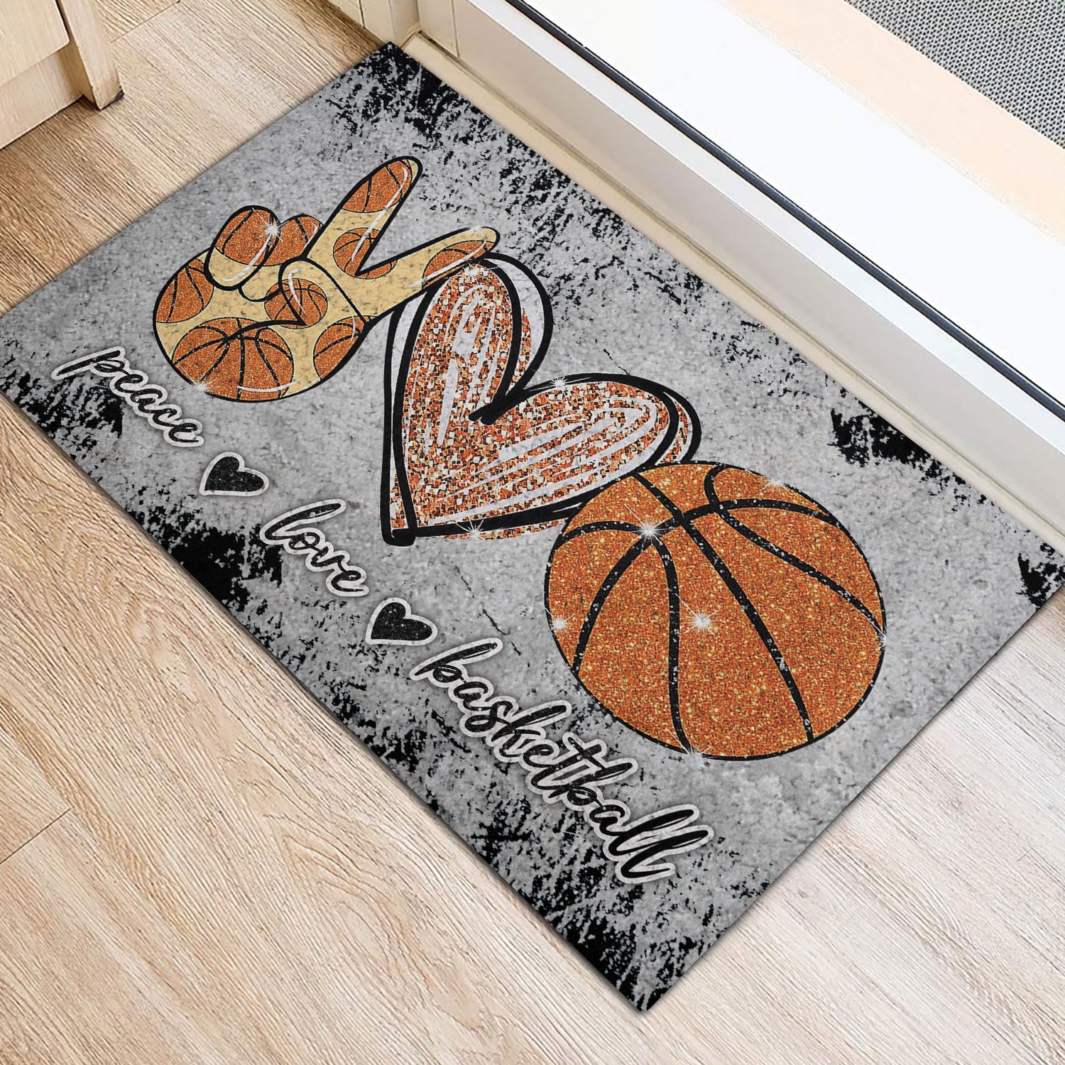 Basketball Rubber Doormat, Peace Love Basketball Unique Gift For Sport Lover Grey Welcome Doormat, Indoor Outdoor Door Mat, Home Decor