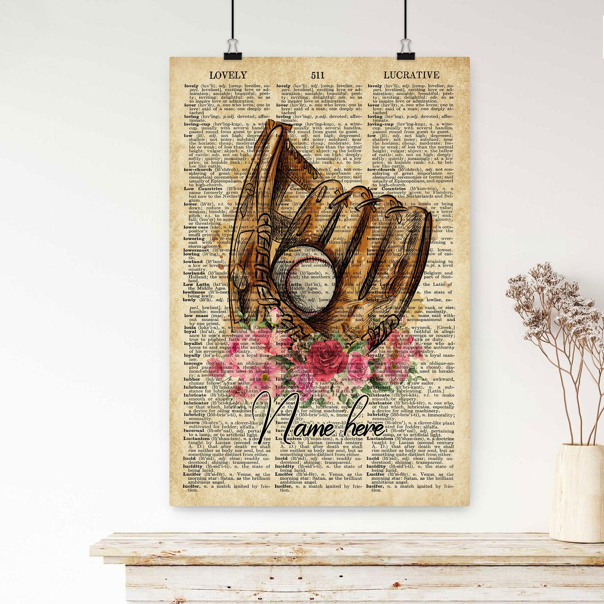 Personalized Baseball Poster & Canvas, Inspirational Vintage Dictionary Wall Art, Custom Name Home Decor For Mom, Fan