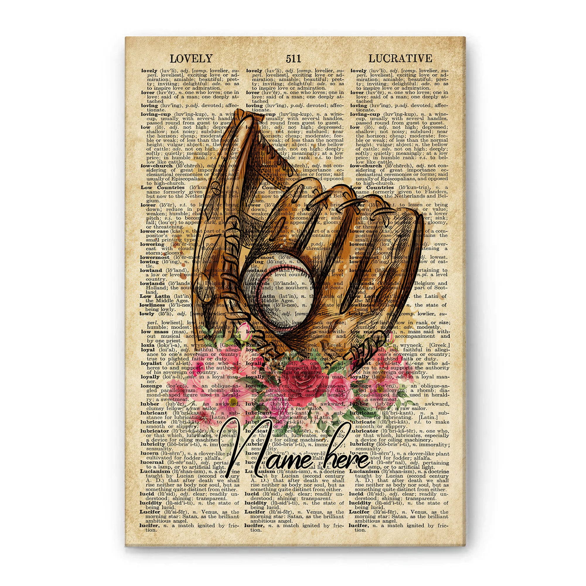 Personalized Baseball Poster & Canvas, Inspirational Vintage Dictionary Wall Art, Custom Name Home Decor For Mom, Fan