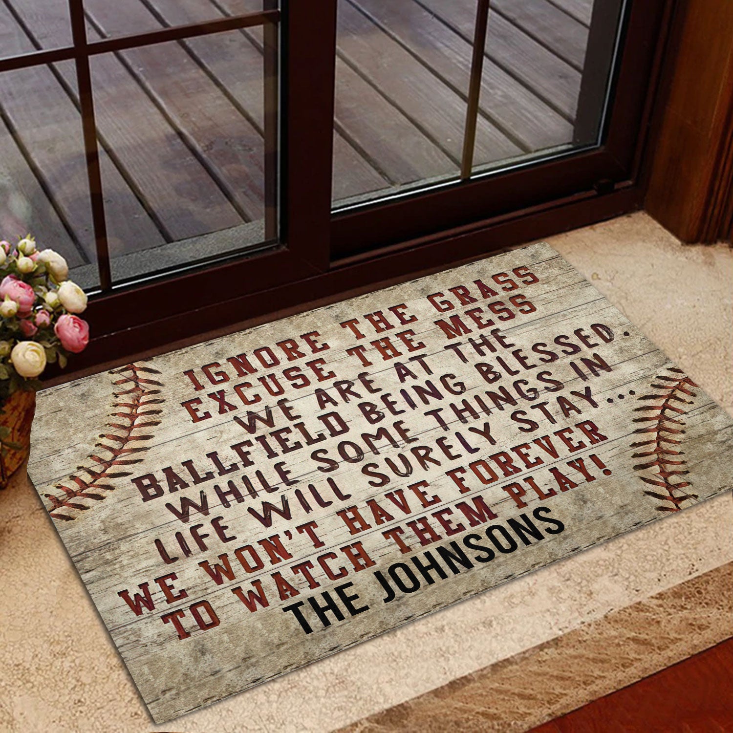 Personalized Baseball Rubber Doormat, Ignore the Grass Baseball Family Sport Welcome Doormat, Custom Name Indoor Outdoor Door Mat, Home Decor