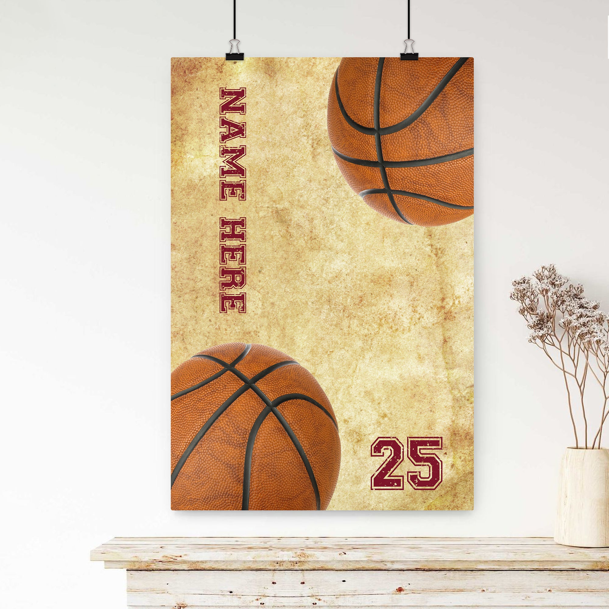 Personalized Basketball Poster & Canvas, Basketball Dirty Ball Vintage Wall Art, Custom Name Number Home Decor For Son, Boy