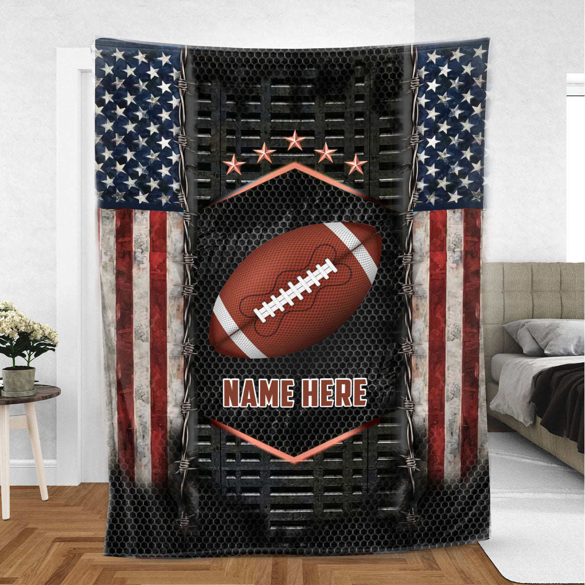 Personalized Football Blanket, American Football Boy Sherpa Fleece Blanket, Custom Name Soft Cozy Plush Throw Blanket