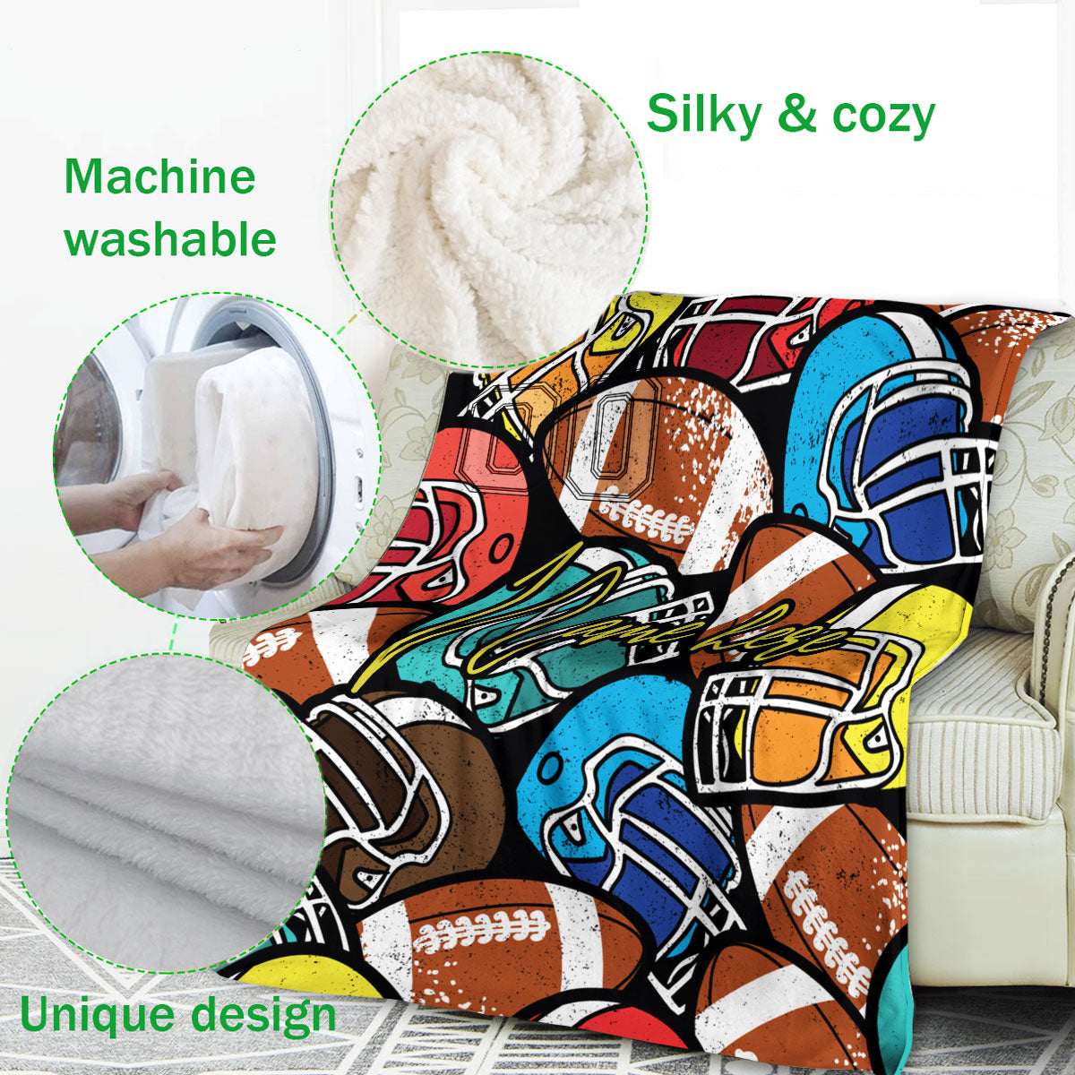 Personalized Football Blanket, American Football Boy Sherpa Fleece Blanket, Custom Name Soft Cozy Plush Throw Blanket