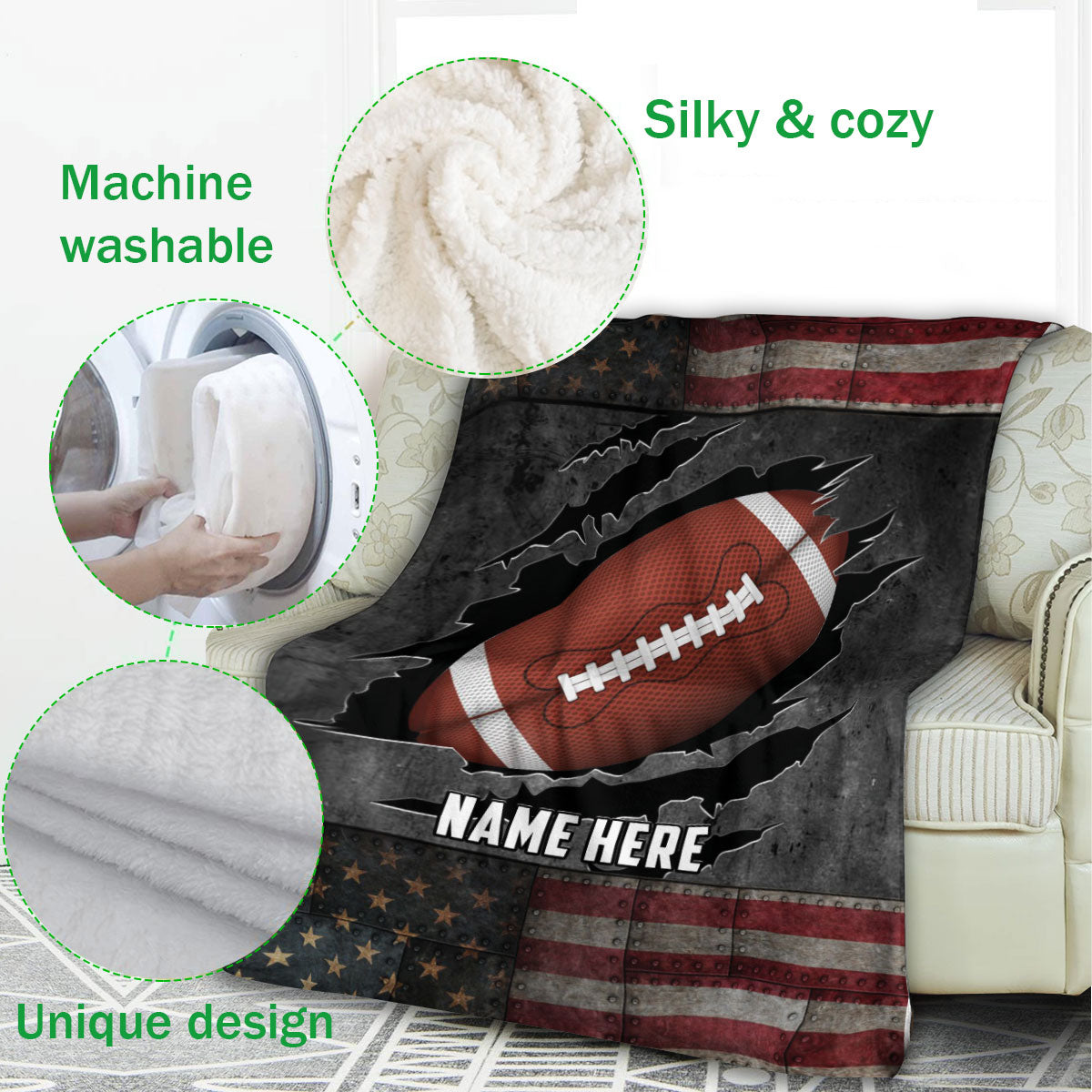 Personalized Football Blanket, American Football Boy Sherpa Fleece Blanket, Custom Name Soft Cozy Plush Throw Blanket