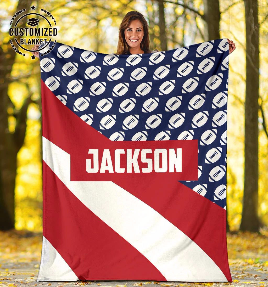 Personalized Football Blanket, American Football Boy Sherpa Fleece Blanket, Custom Name Soft Cozy Plush Throw Blanket