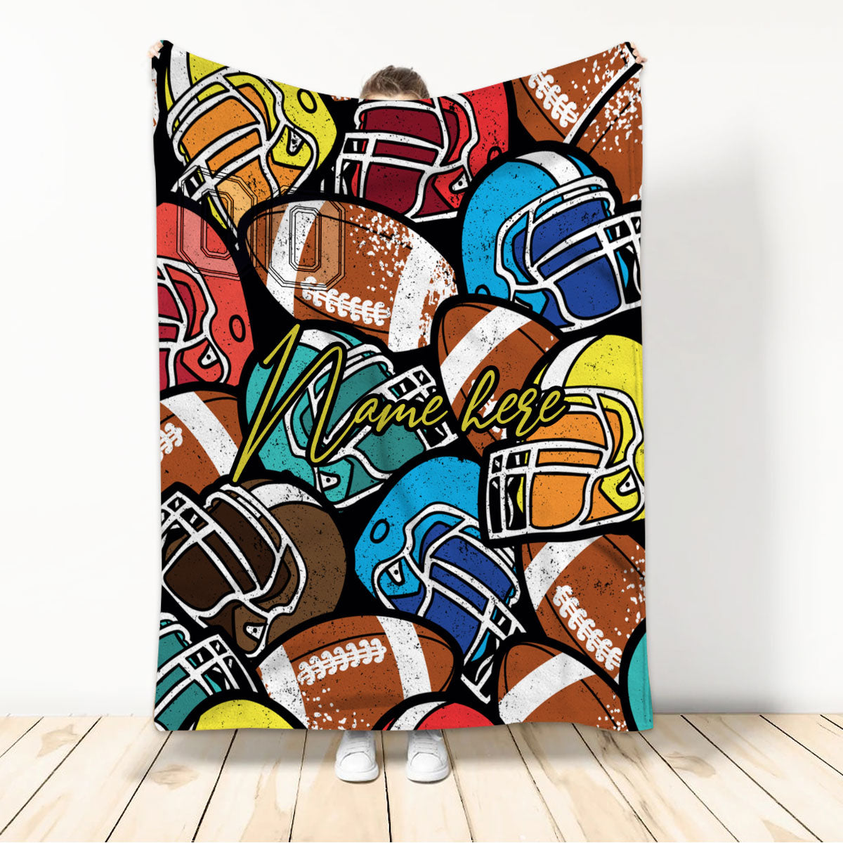 Personalized Football Blanket, American Football Boy Sherpa Fleece Blanket, Custom Name Soft Cozy Plush Throw Blanket