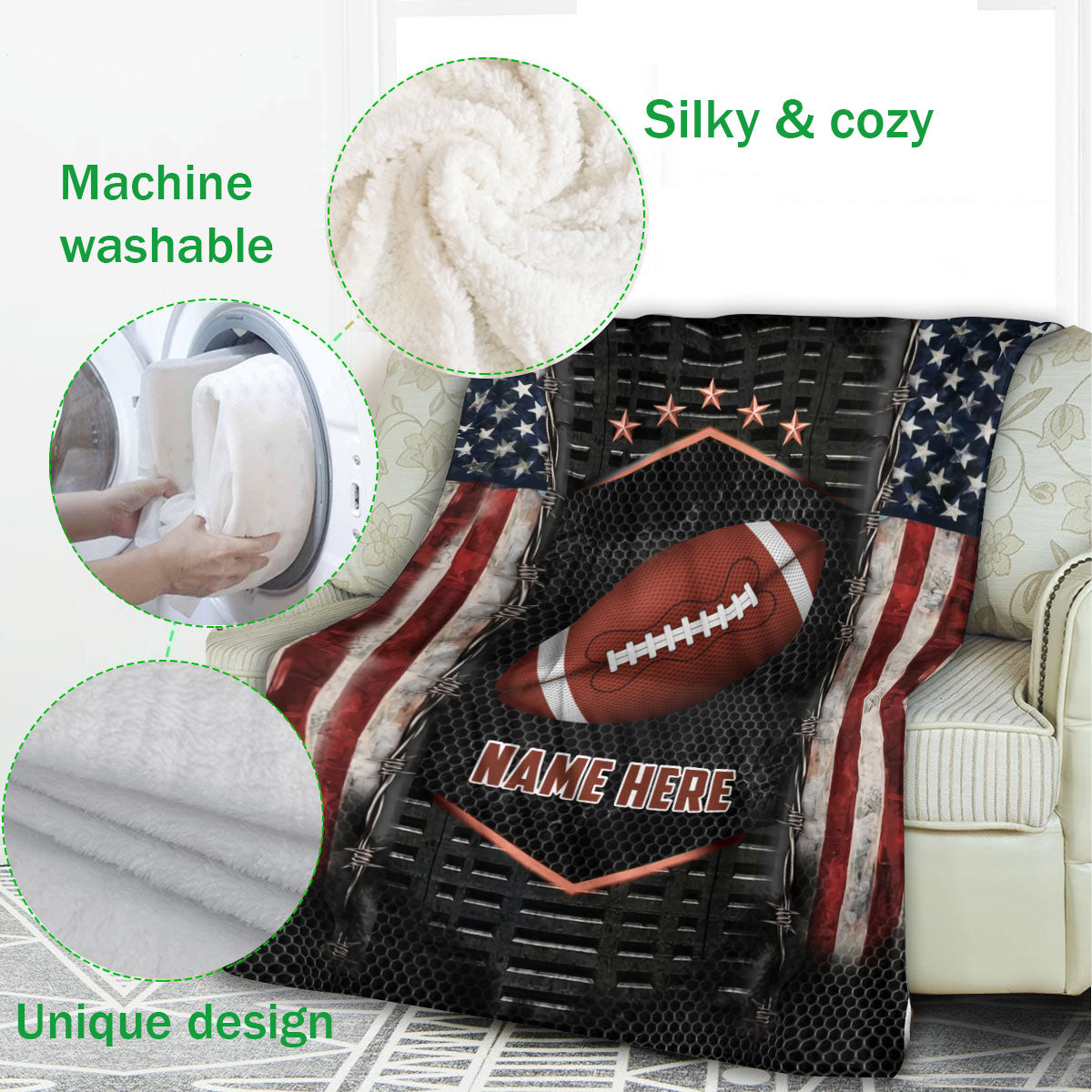 Personalized Football Blanket, American Football Boy Sherpa Fleece Blanket, Custom Name Soft Cozy Plush Throw Blanket