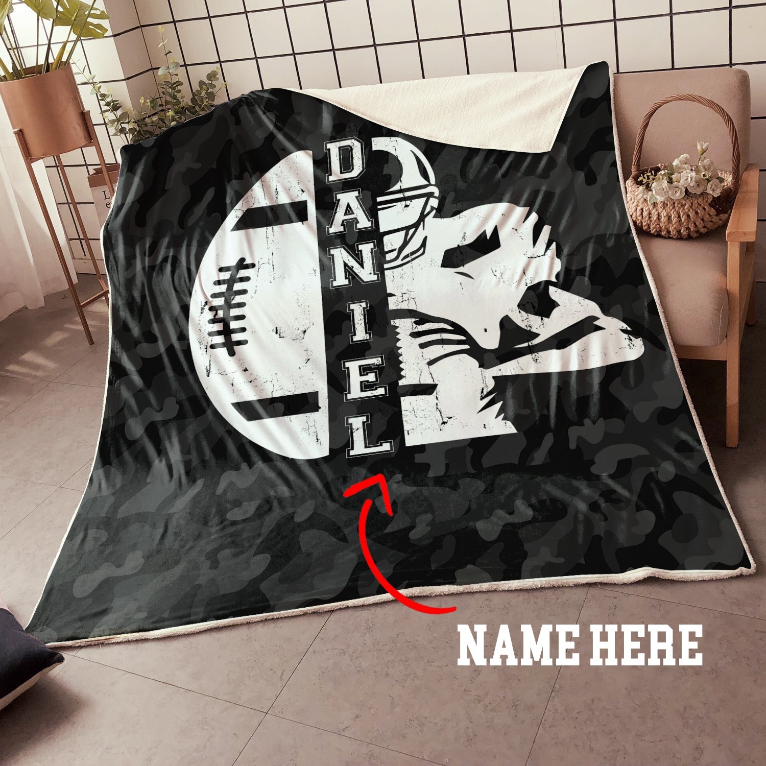 Personalized Football Blanket, American Football Boy Sherpa Fleece Blanket, Custom Name Soft Cozy Plush Throw Blanket