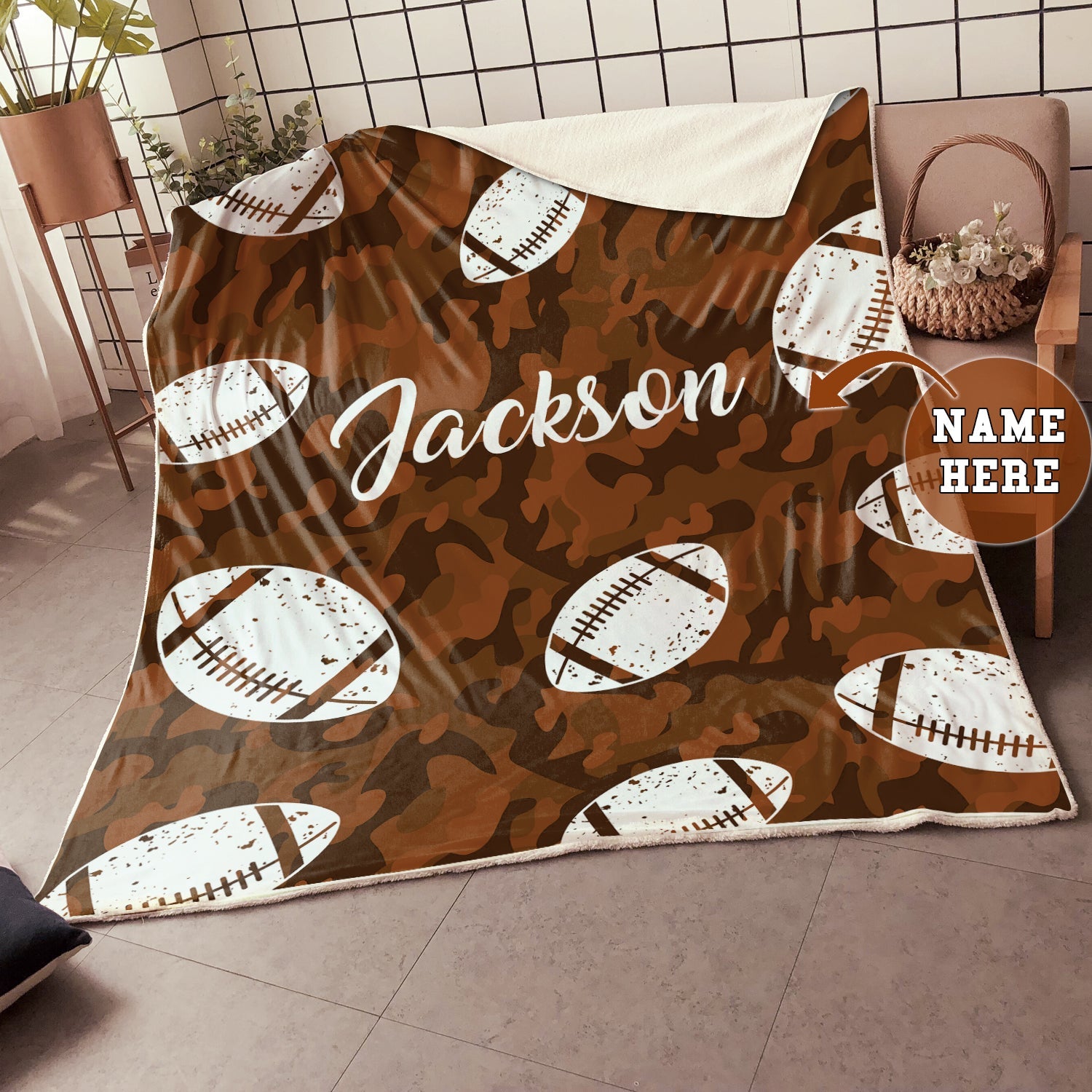 Personalized Football Blanket, American Football Boy Sherpa Fleece Blanket, Custom Name Soft Cozy Plush Throw Blanket