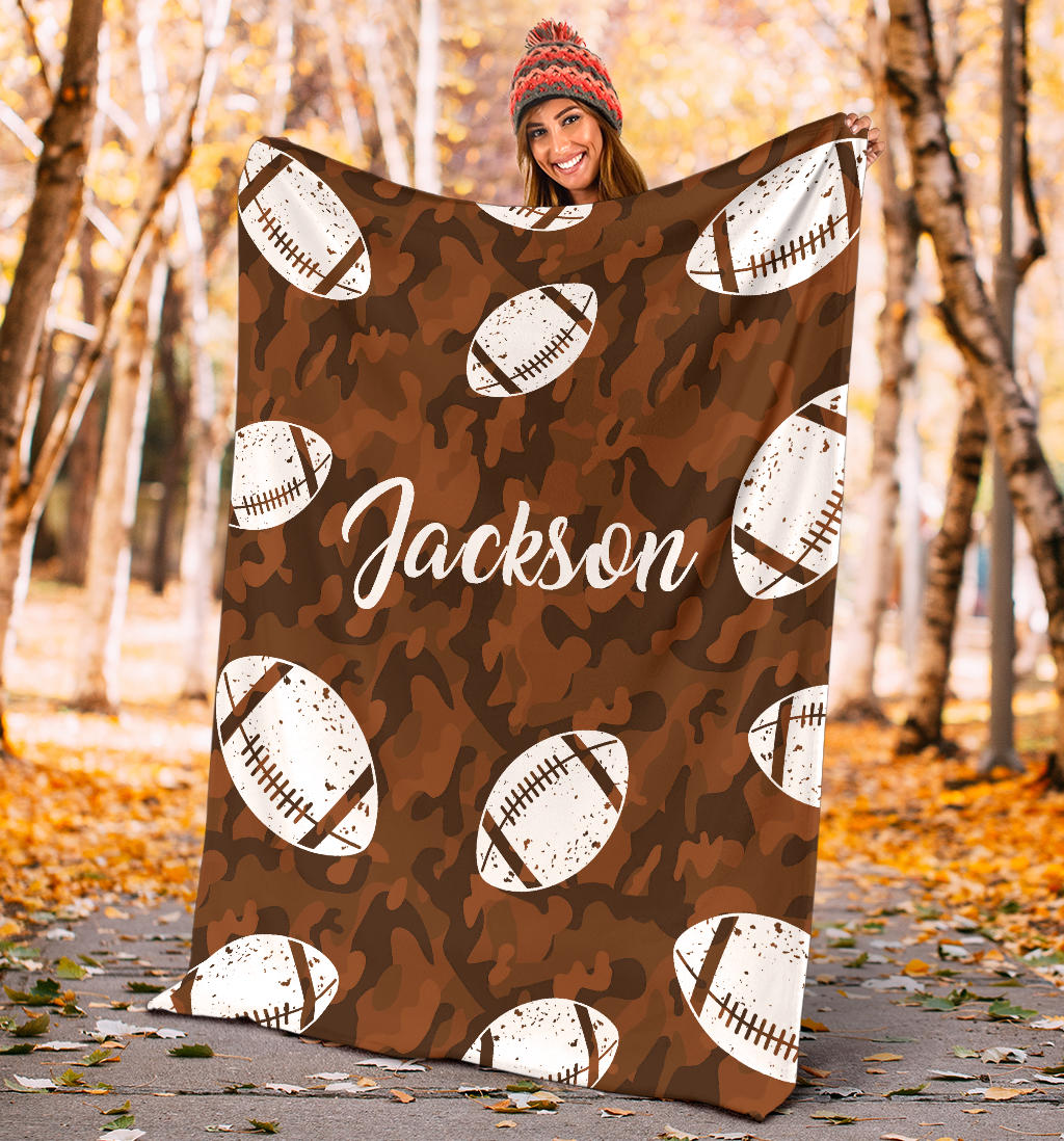 Personalized Football Blanket, American Football Boy Sherpa Fleece Blanket, Custom Name Soft Cozy Plush Throw Blanket