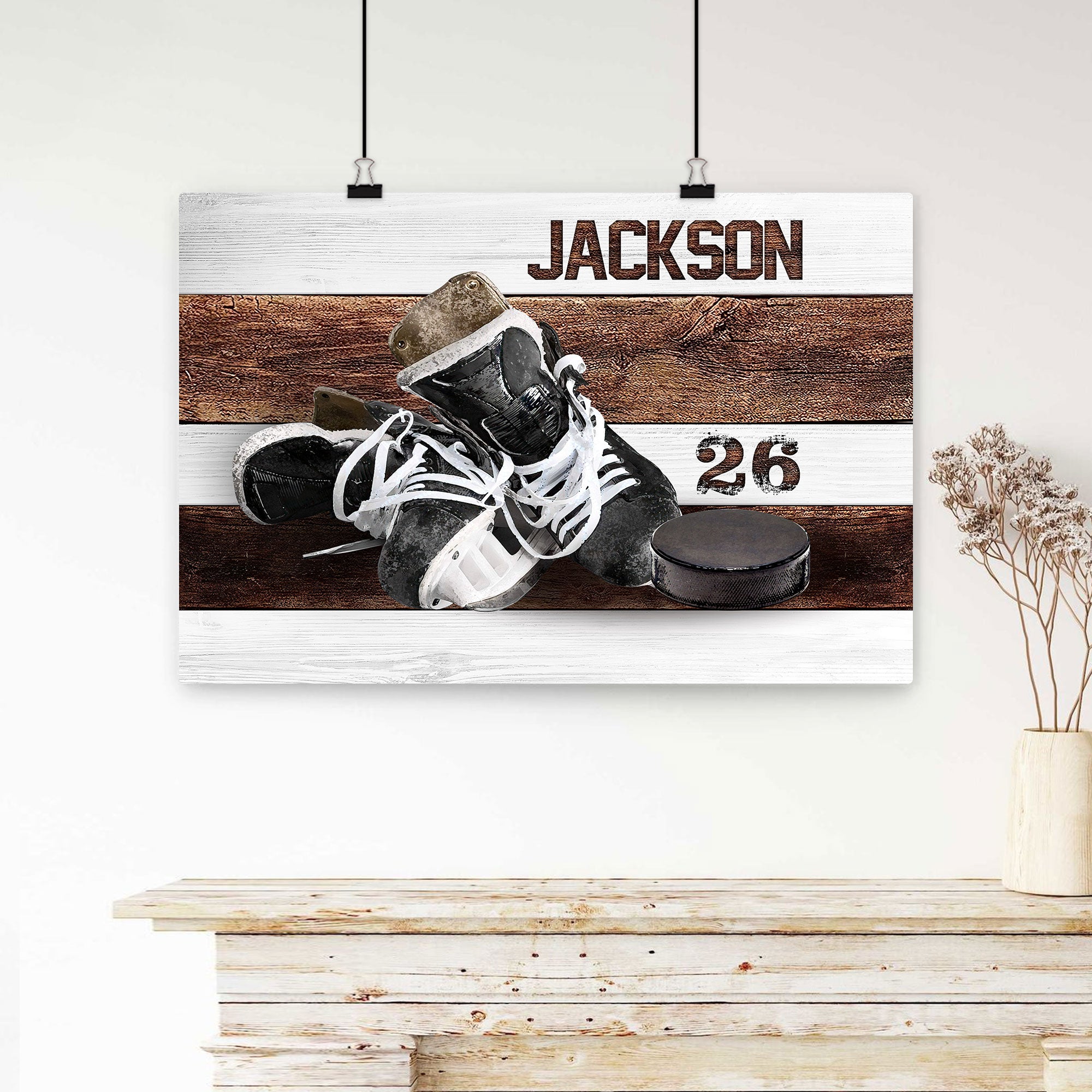 Personalized Hockey Poster & Canvas, Vintage Ice Skates And Puck Wall Art, Custom Name Number Home Decor For Boy, Son, Kid From Mom, Dad