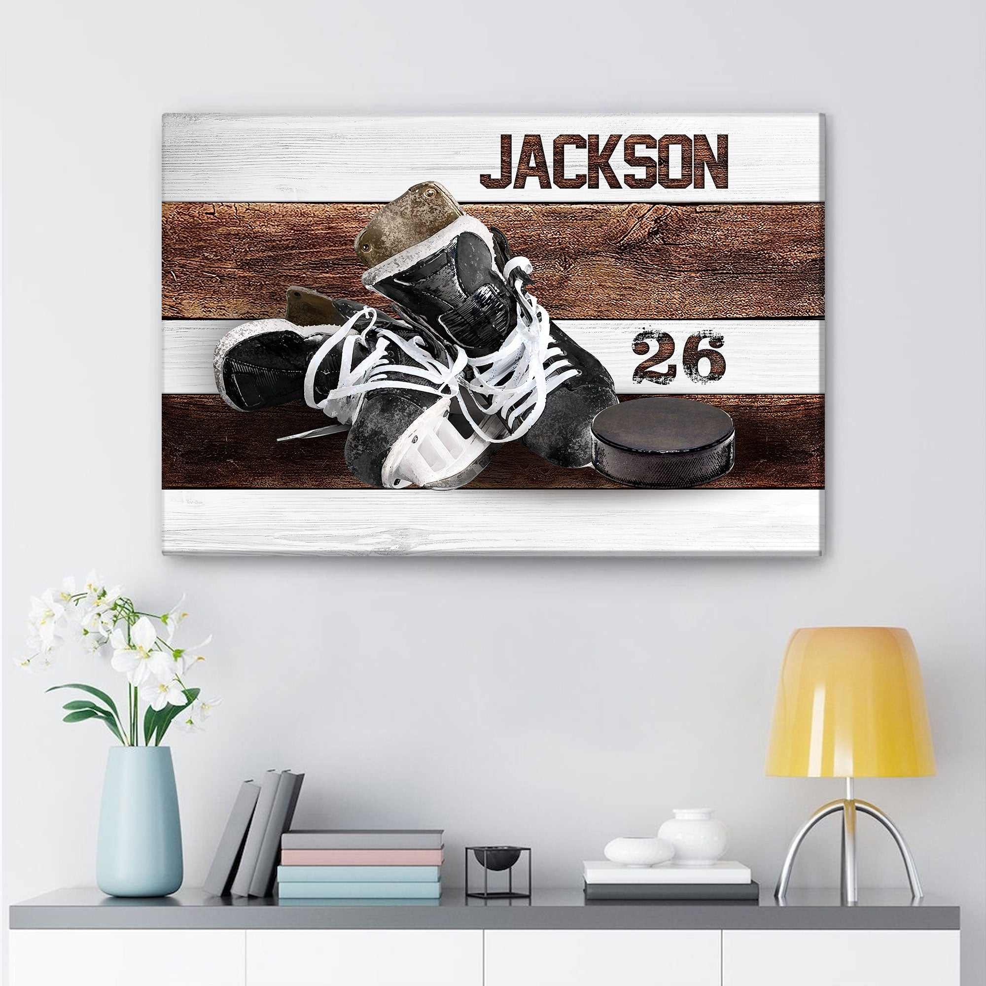 Personalized Hockey Poster & Canvas, Vintage Ice Skates And Puck Wall Art, Custom Name Number Home Decor For Boy, Son, Kid From Mom, Dad