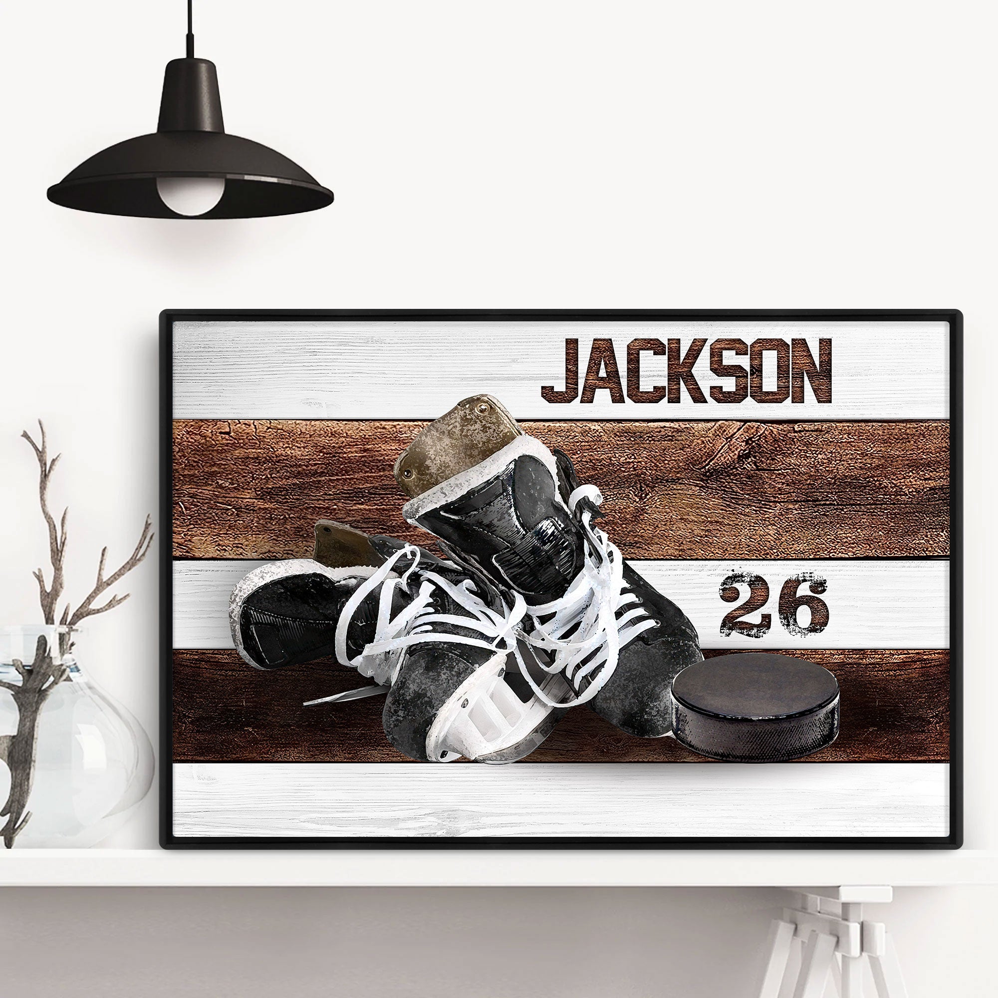 Personalized Hockey Poster & Canvas, Vintage Ice Skates And Puck Wall Art, Custom Name Number Home Decor For Boy, Son, Kid From Mom, Dad