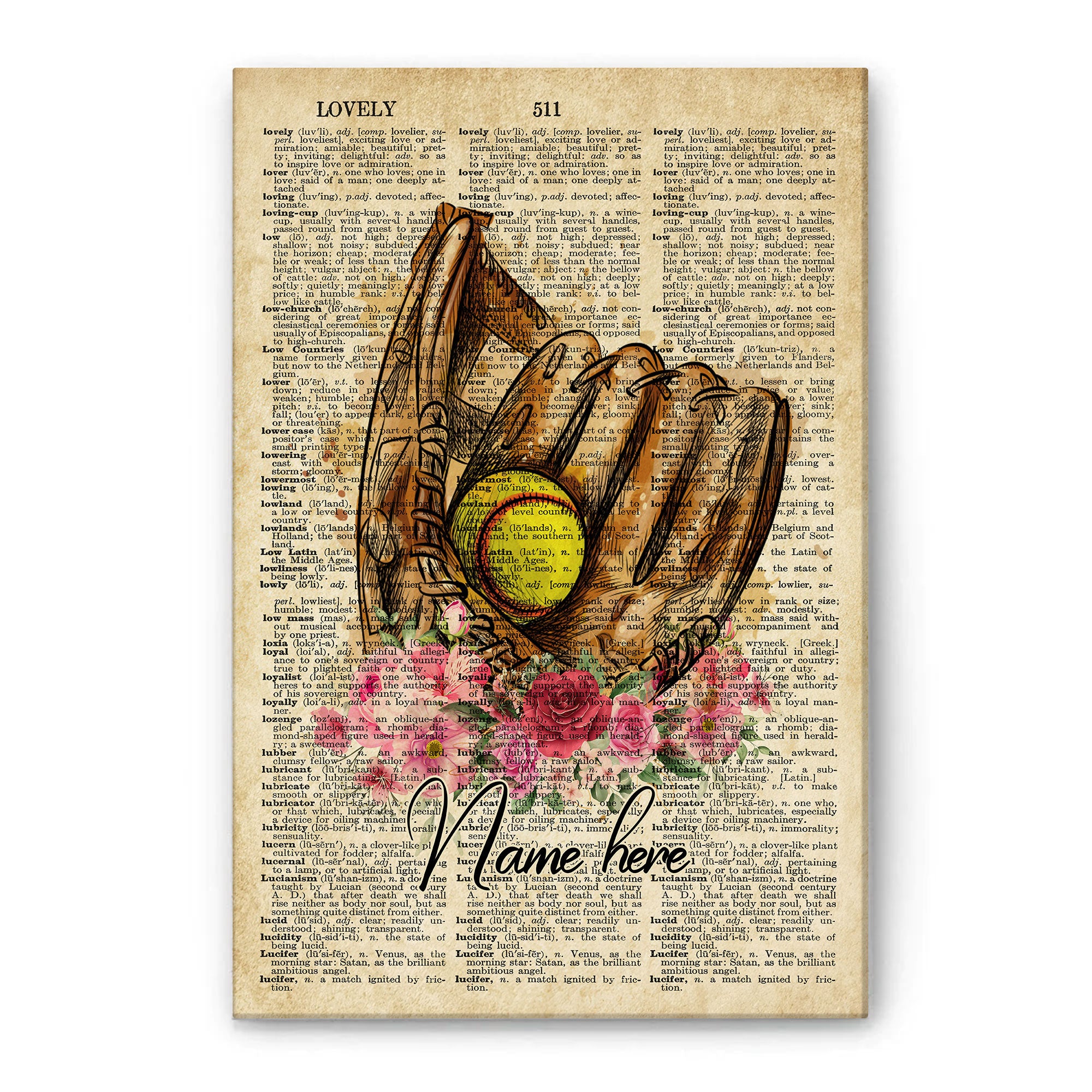 Personalized Softball Poster & Canvas, Inspirational Vintage Dictionary Wall Art, Custom Name Home Decor For Mom, Girl, Daughter, Kid