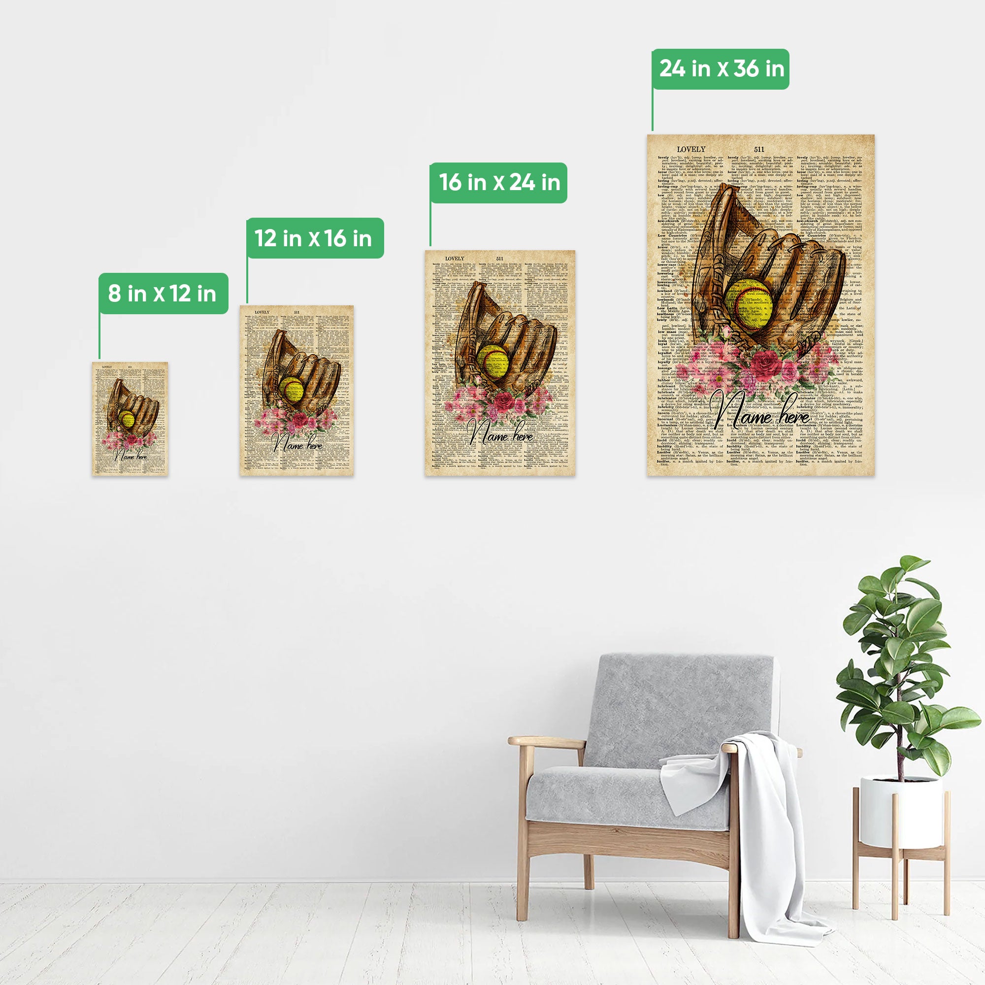 Personalized Softball Poster & Canvas, Inspirational Vintage Dictionary Wall Art, Custom Name Home Decor For Mom, Girl, Daughter, Kid