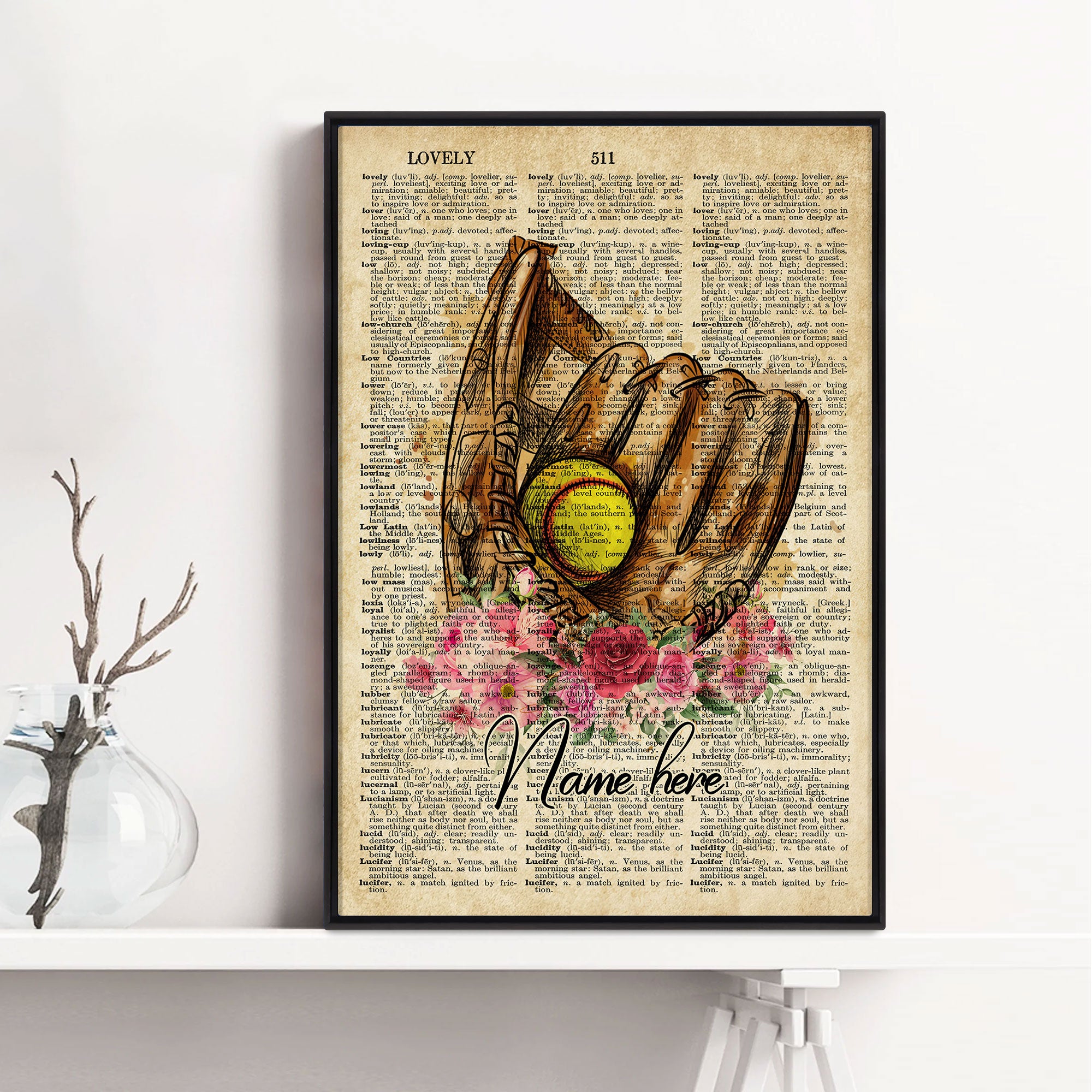 Personalized Softball Poster & Canvas, Inspirational Vintage Dictionary Wall Art, Custom Name Home Decor For Mom, Girl, Daughter, Kid