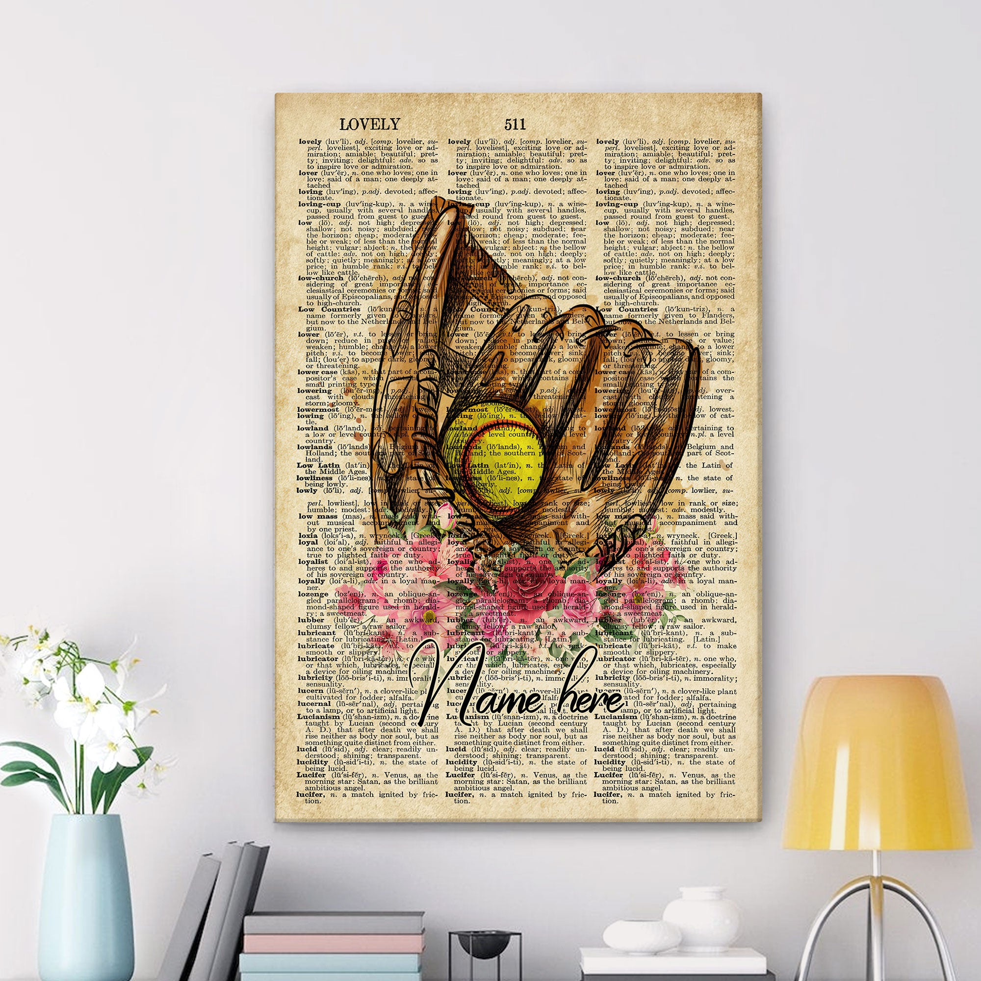 Personalized Softball Poster & Canvas, Inspirational Vintage Dictionary Wall Art, Custom Name Home Decor For Mom, Girl, Daughter, Kid