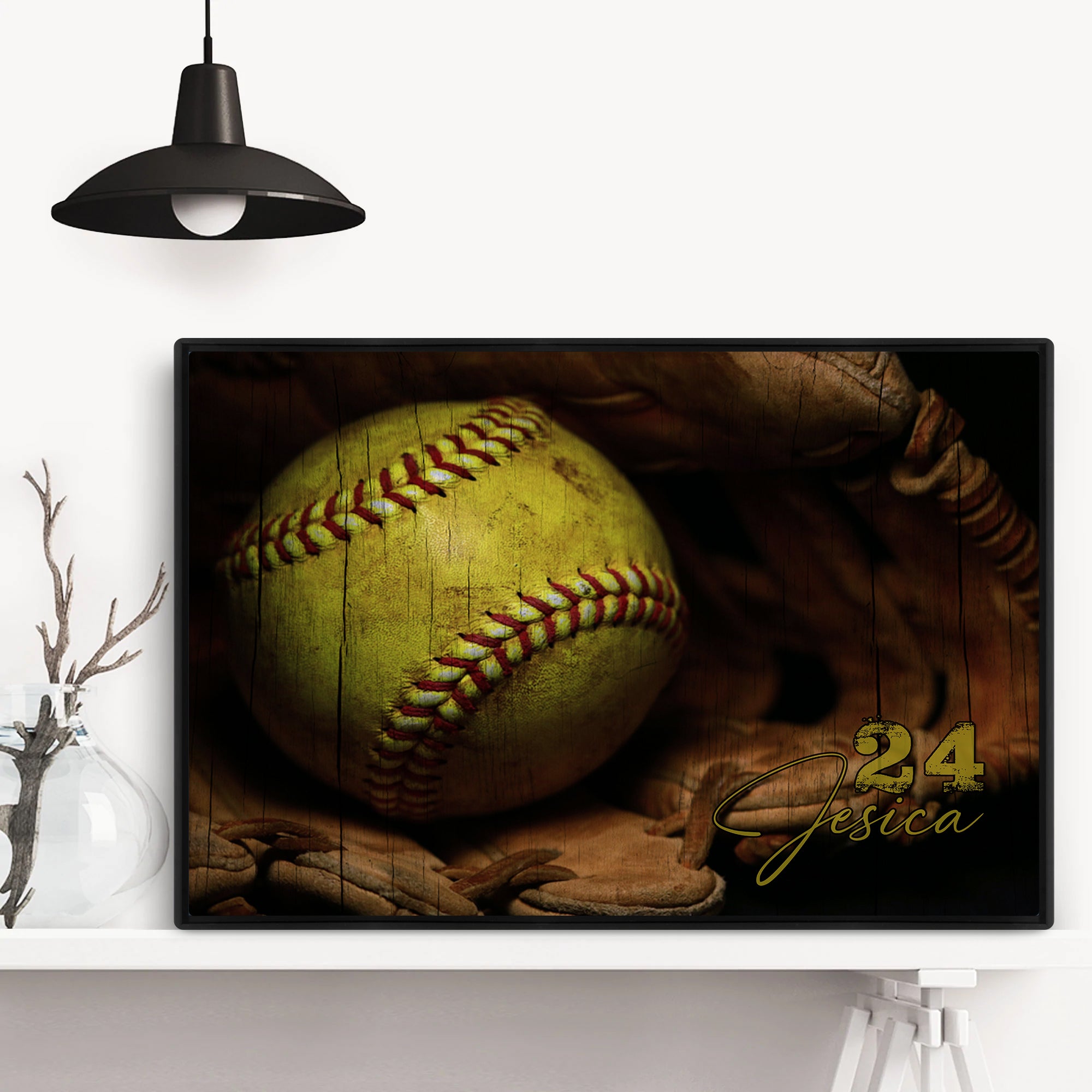 Personalized Softball Poster & Canvas, Softball And Gloves Vintage Wall Art, Custom Name Number Home Decor For Daughter, Softball Player