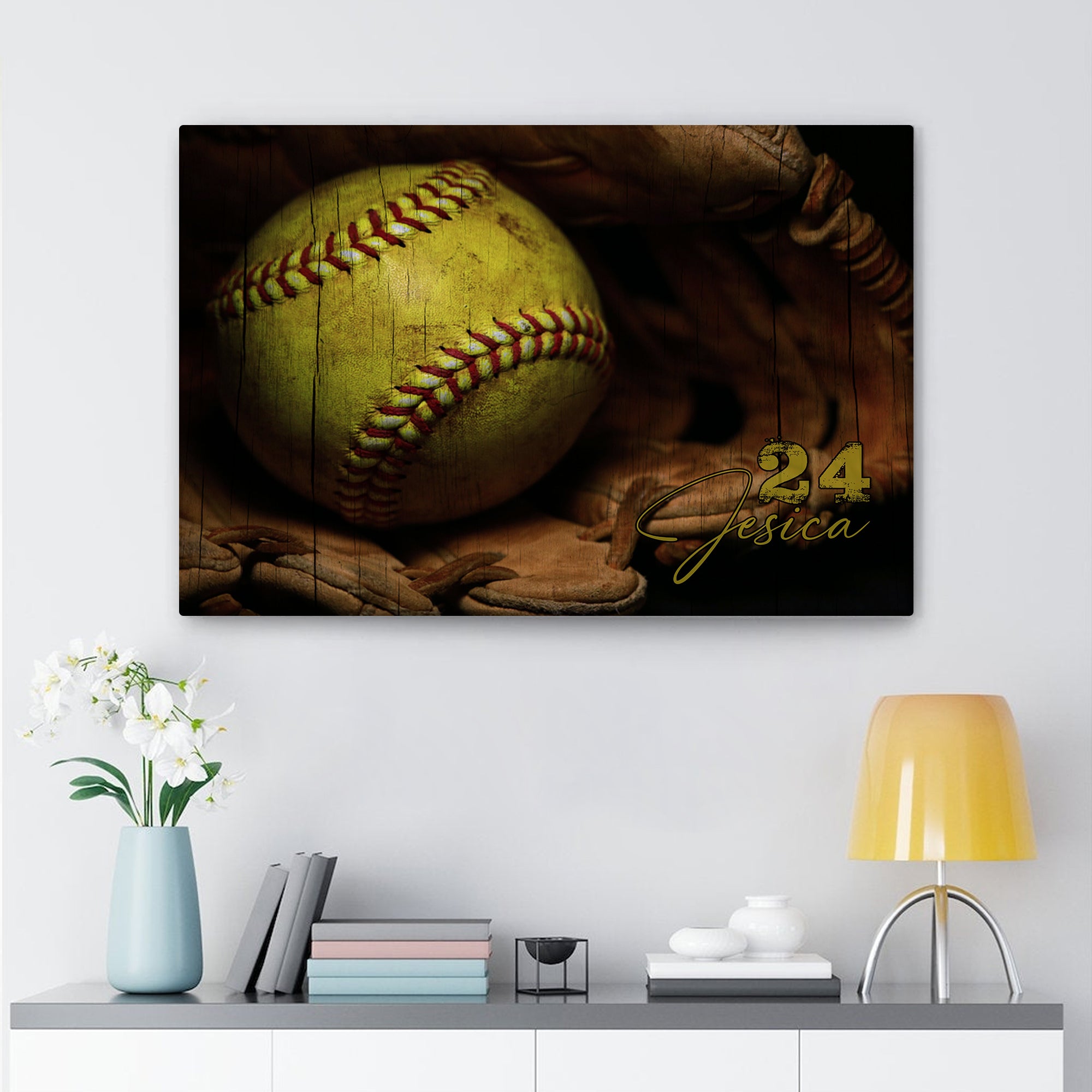 Personalized Softball Poster & Canvas, Softball And Gloves Vintage Wall Art, Custom Name Number Home Decor For Daughter, Softball Player