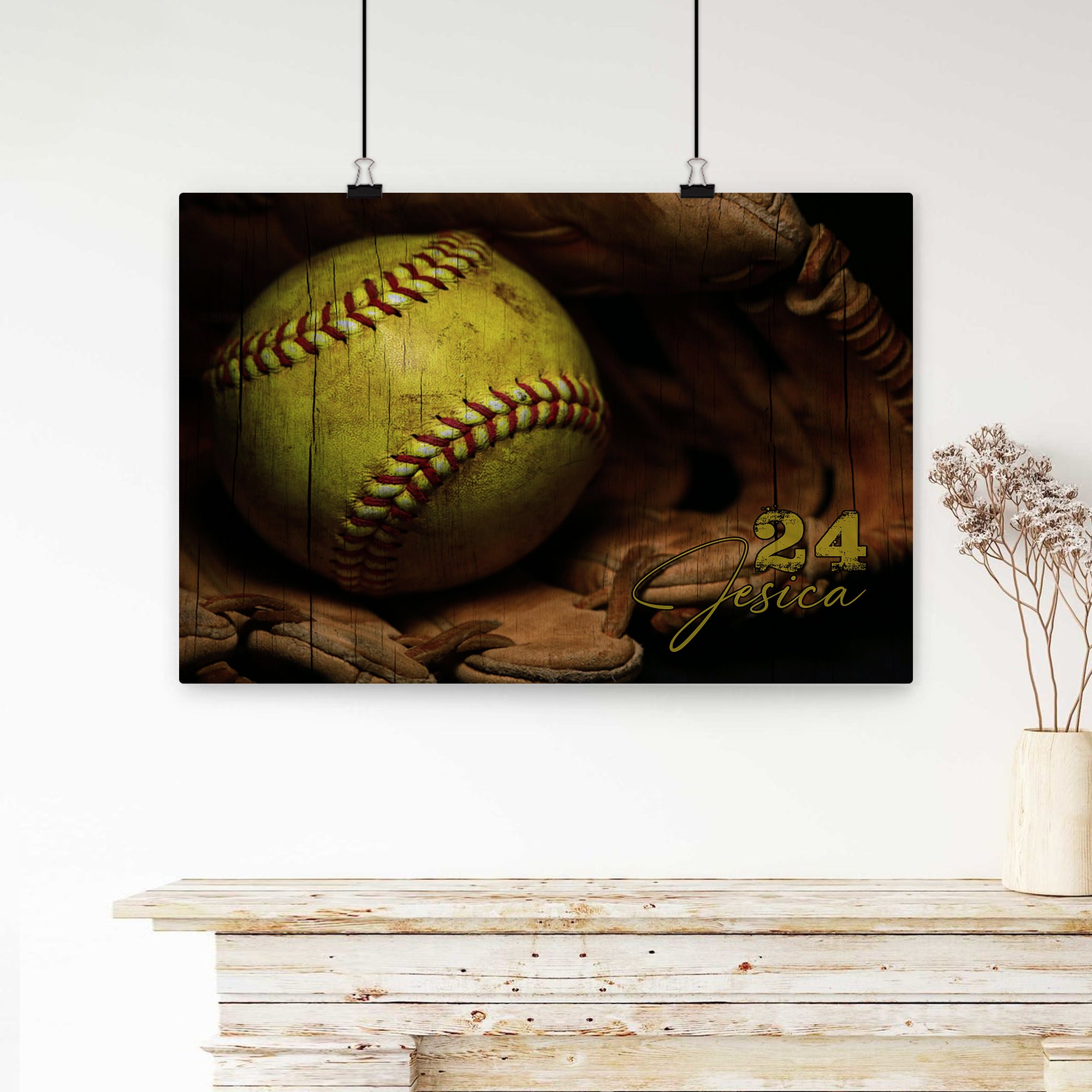 Personalized Softball Poster & Canvas, Softball And Gloves Vintage Wall Art, Custom Name Number Home Decor For Daughter, Softball Player