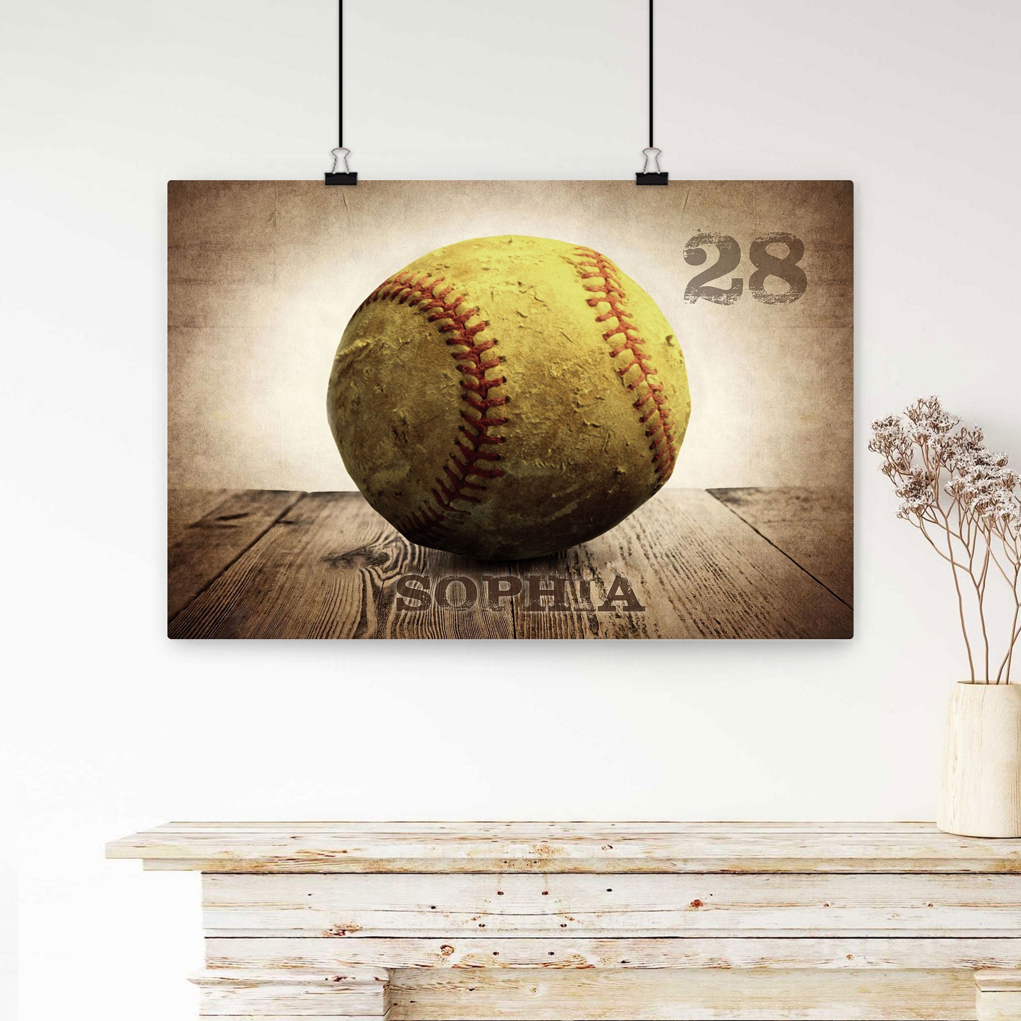 Personalized Softball Poster & Canvas, Softball Ball Vintage Wall Art, Custom Name Number Home Decor For Daughter, Women, Softball Player