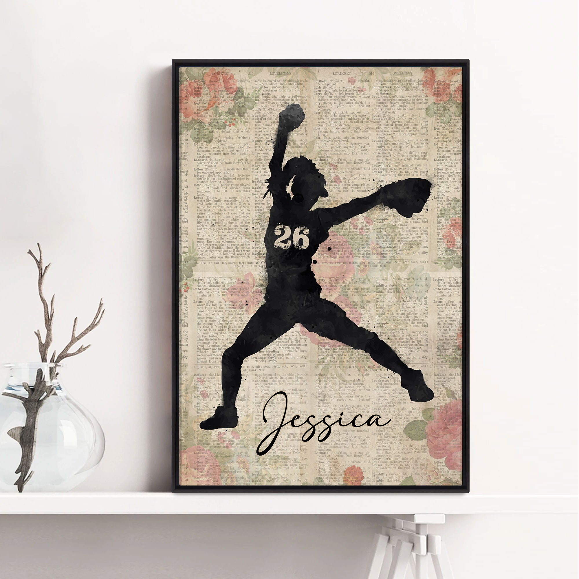Personalized Softball Poster & Canvas, Softball Girl Vintage Flower Wall Art, Custom Name Number Home Decor For Daughter, Softball Player
