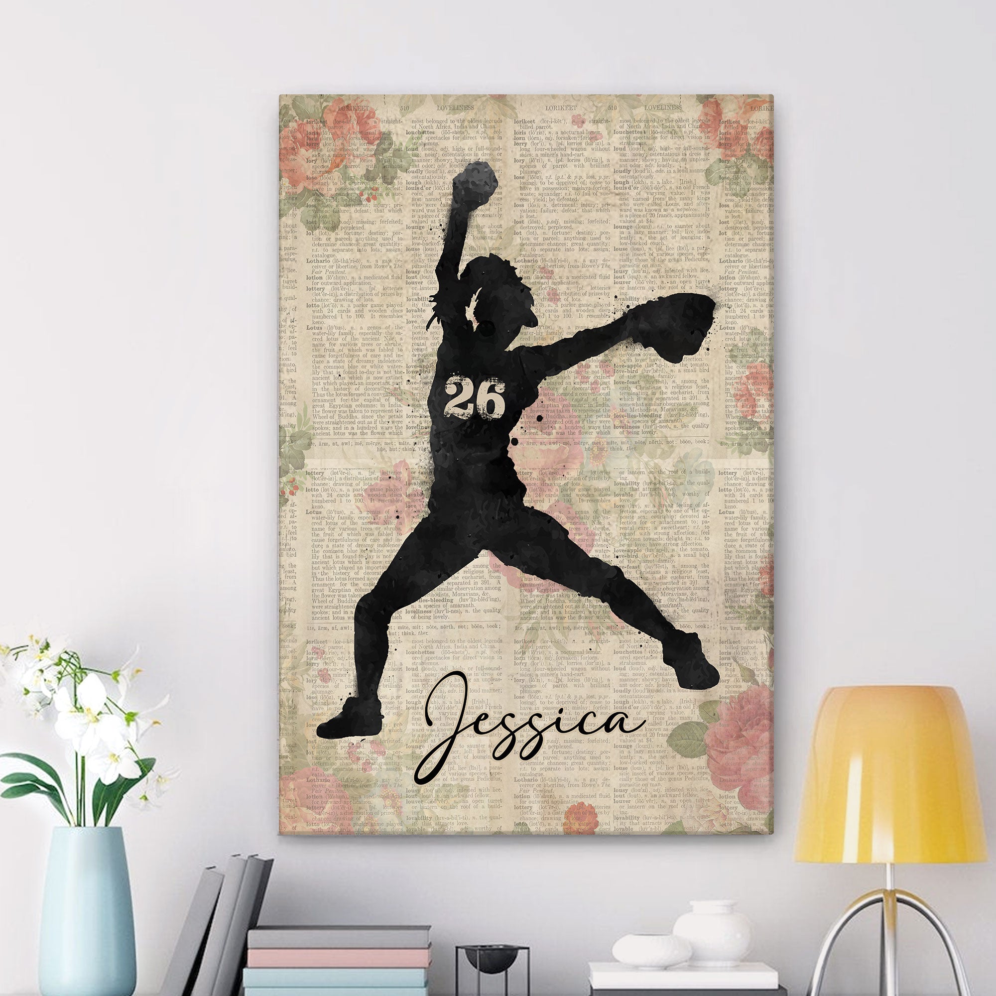 Personalized Softball Poster & Canvas, Softball Girl Vintage Flower Wall Art, Custom Name Number Home Decor For Daughter, Softball Player
