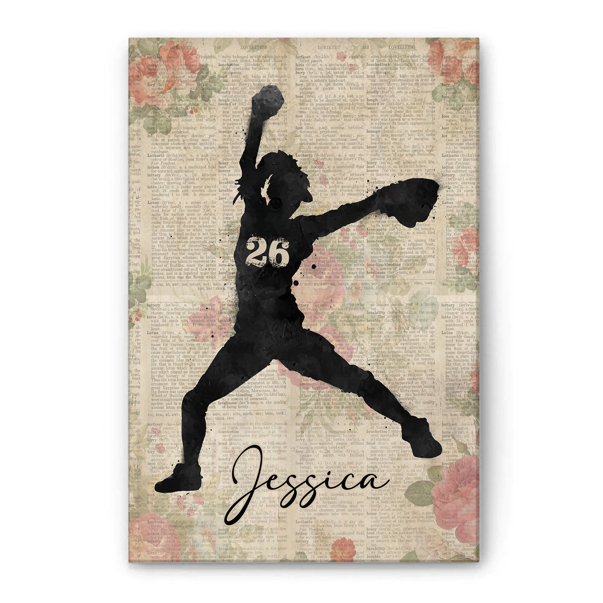 Personalized Softball Poster & Canvas, Softball Girl Vintage Flower Wall Art, Custom Name Number Home Decor For Daughter, Softball Player