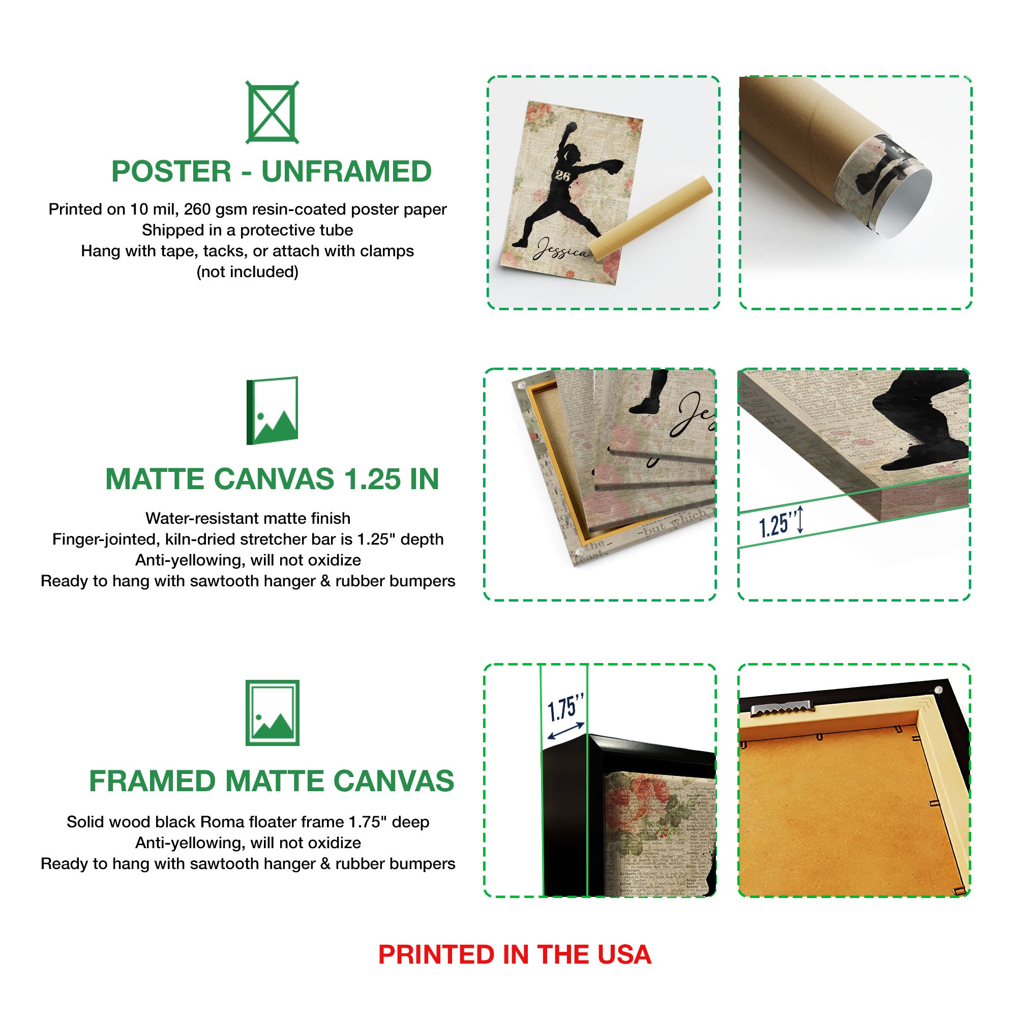 Personalized Softball Poster & Canvas, Softball Girl Vintage Flower Wall Art, Custom Name Number Home Decor For Daughter, Softball Player