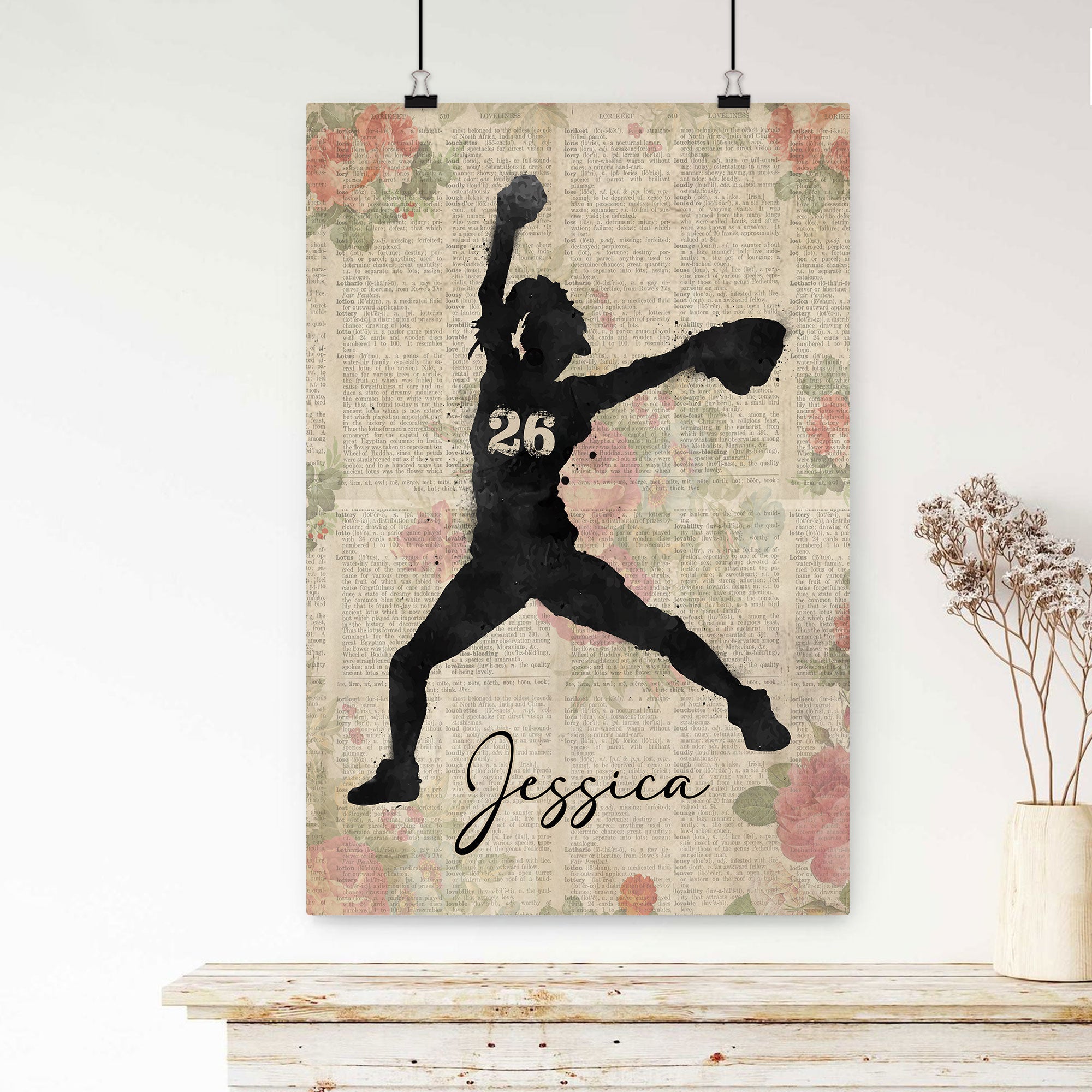 Personalized Softball Poster & Canvas, Softball Girl Vintage Flower Wall Art, Custom Name Number Home Decor For Daughter, Softball Player