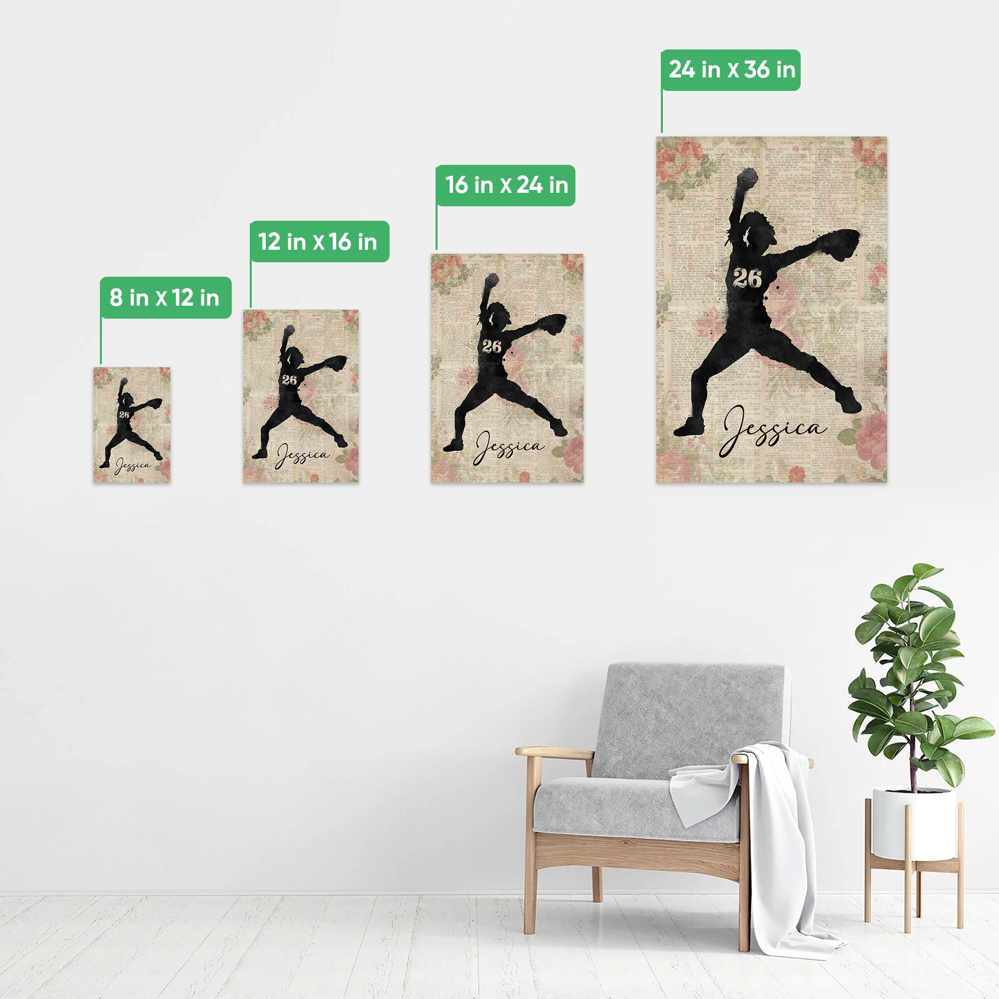 Personalized Softball Poster & Canvas, Softball Girl Vintage Flower Wall Art, Custom Name Number Home Decor For Daughter, Softball Player