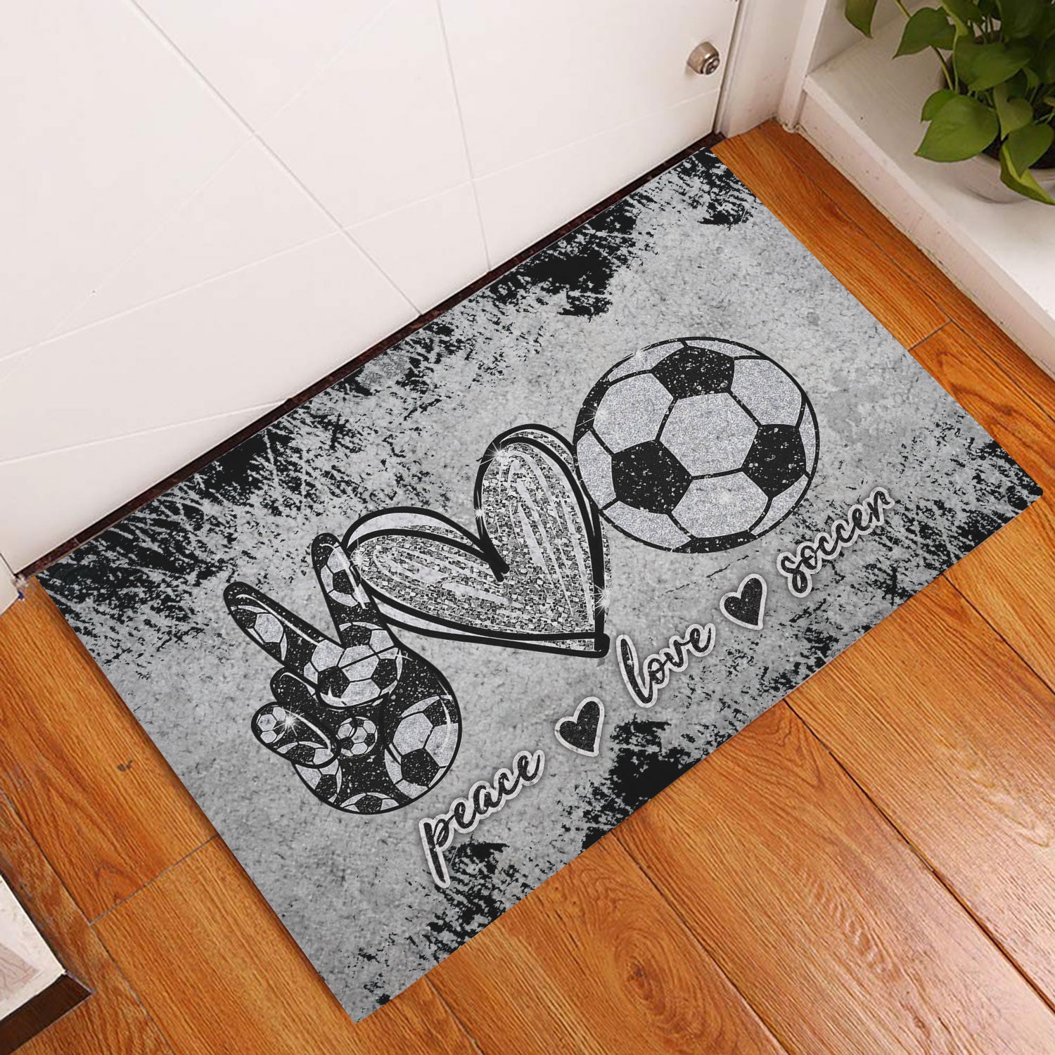 Soccer Rubber Doormat, Peace Love Soccer Unique Gift For Sport Lover Grey Pattern Welcome Doormat, Indoor Outdoor Door Mat, Home Decor