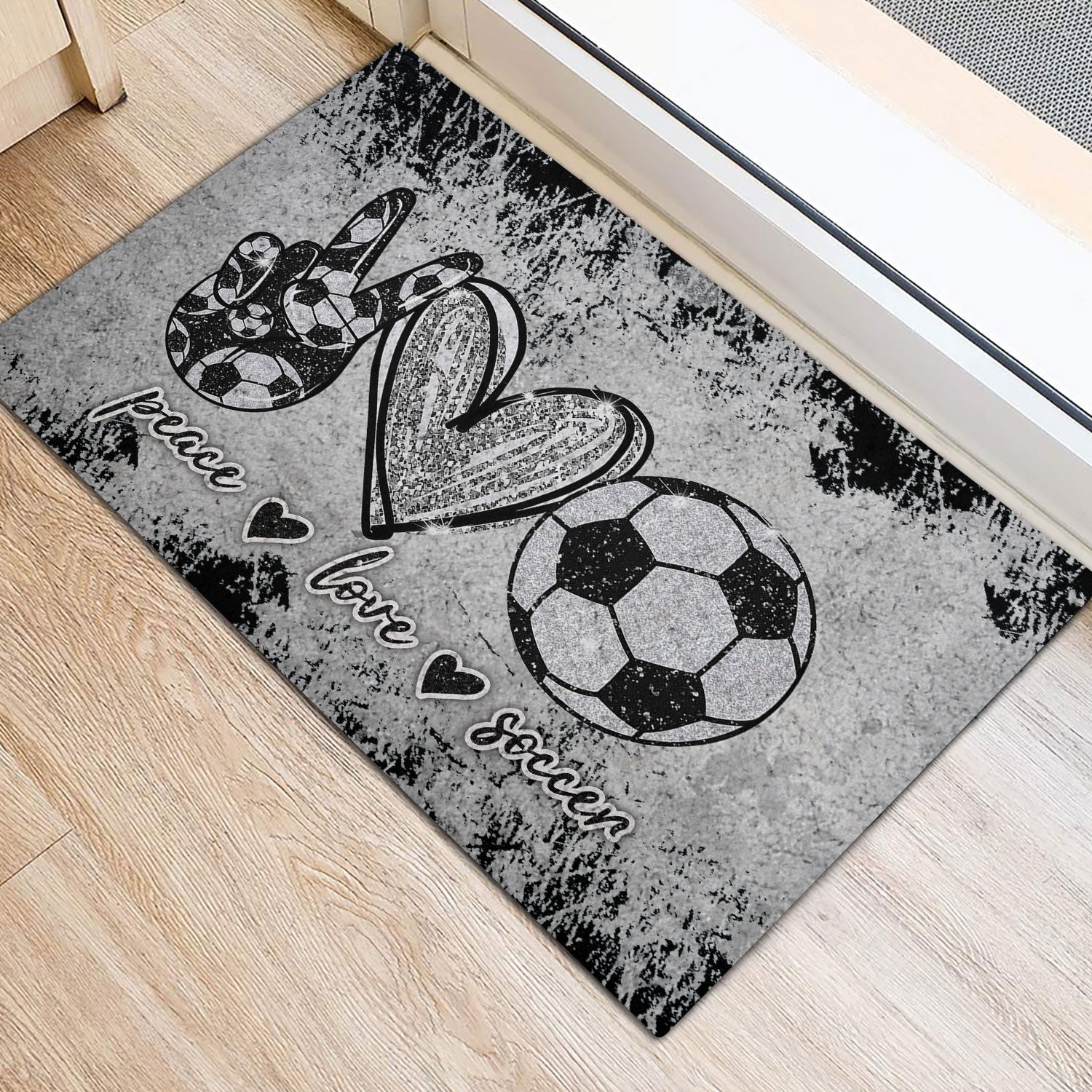 Soccer Rubber Doormat, Peace Love Soccer Unique Gift For Sport Lover Grey Pattern Welcome Doormat, Indoor Outdoor Door Mat, Home Decor