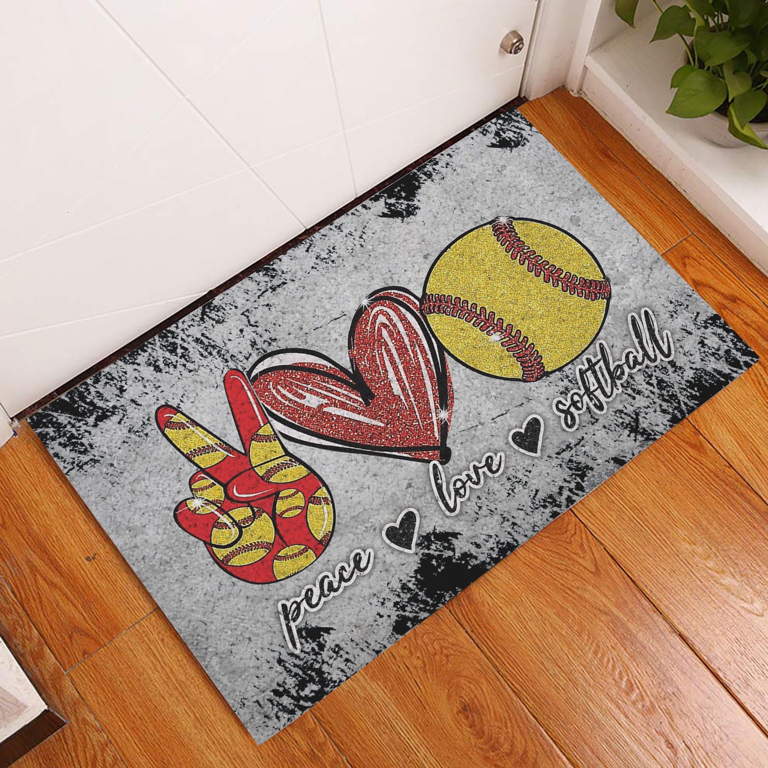 Softball Rubber Doormat, Peace Love Softball Unique Gift For Sport Lover Grey Pattern Welcome Doormat, Indoor Outdoor Door Mat, Home Decor