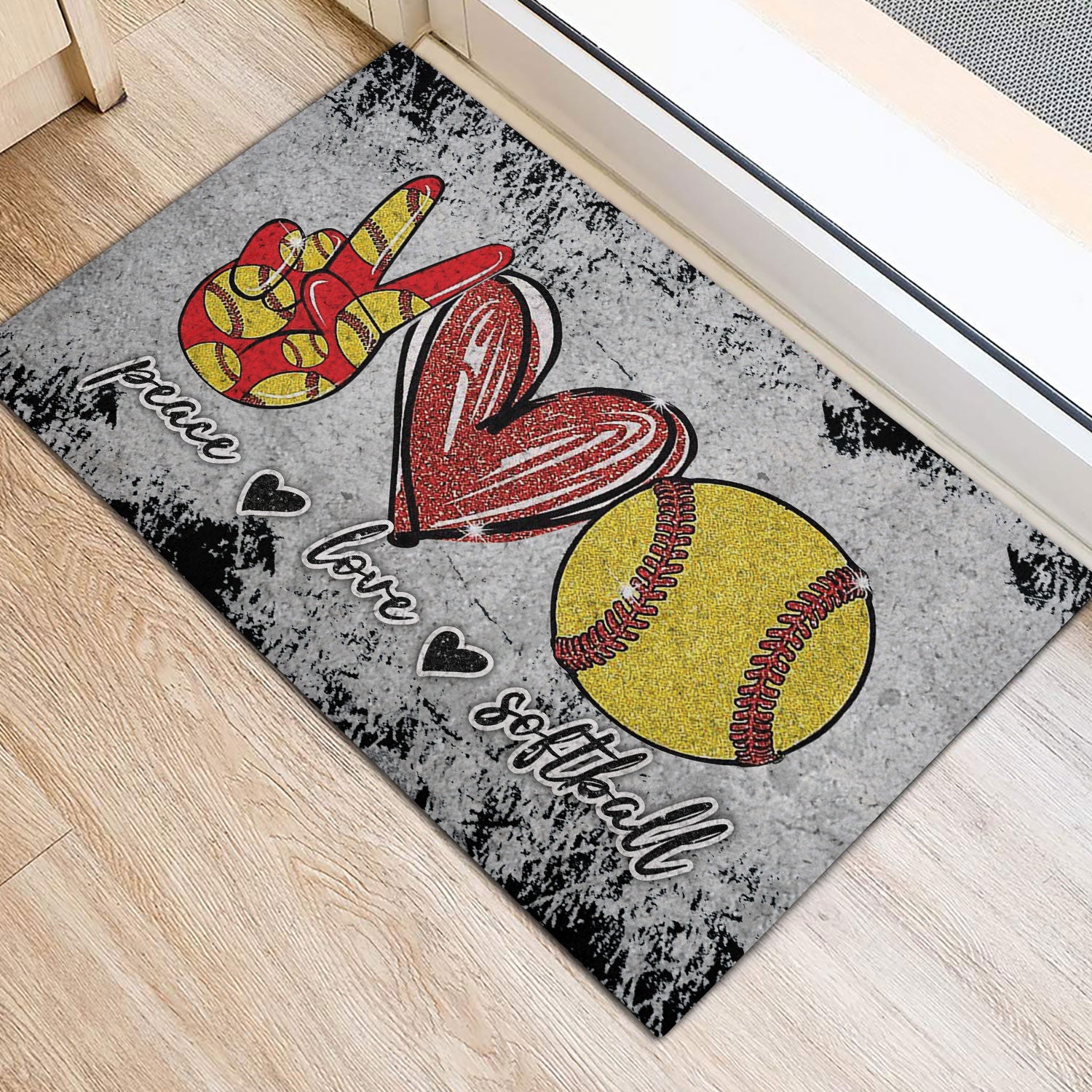 Softball Rubber Doormat, Peace Love Softball Unique Gift For Sport Lover Grey Pattern Welcome Doormat, Indoor Outdoor Door Mat, Home Decor
