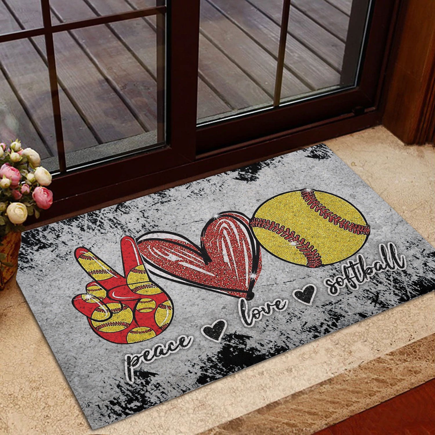 Softball Rubber Doormat, Peace Love Softball Unique Gift For Sport Lover Grey Pattern Welcome Doormat, Indoor Outdoor Door Mat, Home Decor