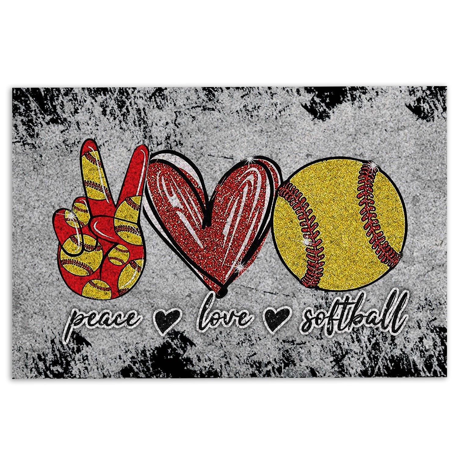 Softball Rubber Doormat, Peace Love Softball Unique Gift For Sport Lover Grey Pattern Welcome Doormat, Indoor Outdoor Door Mat, Home Decor