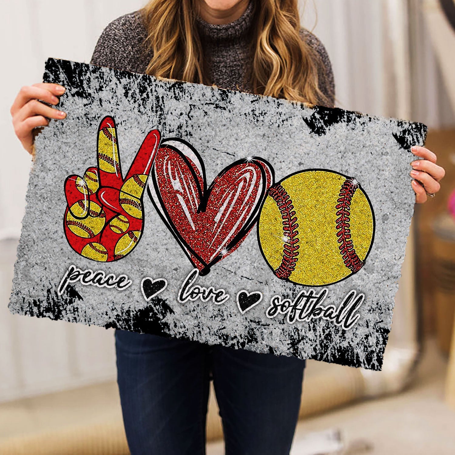 Softball Rubber Doormat, Peace Love Softball Unique Gift For Sport Lover Grey Pattern Welcome Doormat, Indoor Outdoor Door Mat, Home Decor